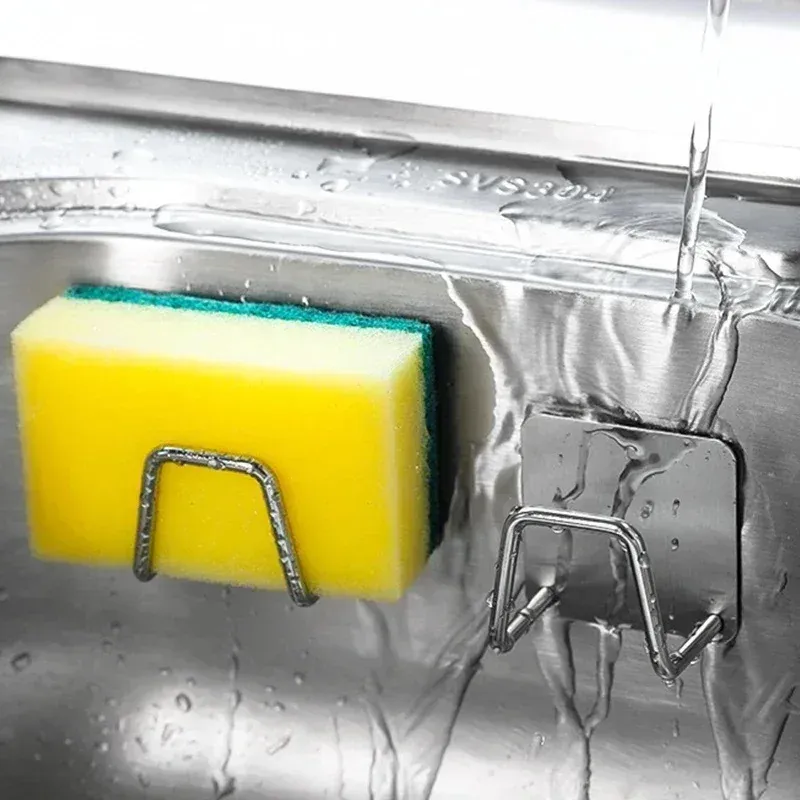 Porte-éponge auto-adhésif en acier inoxydable pour évier, avec crochets muraux 5