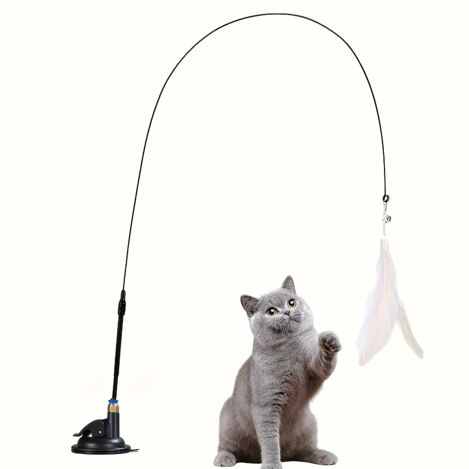Jouet interactif pour chat à plumes avec clochette sur longue perche à ventouse
