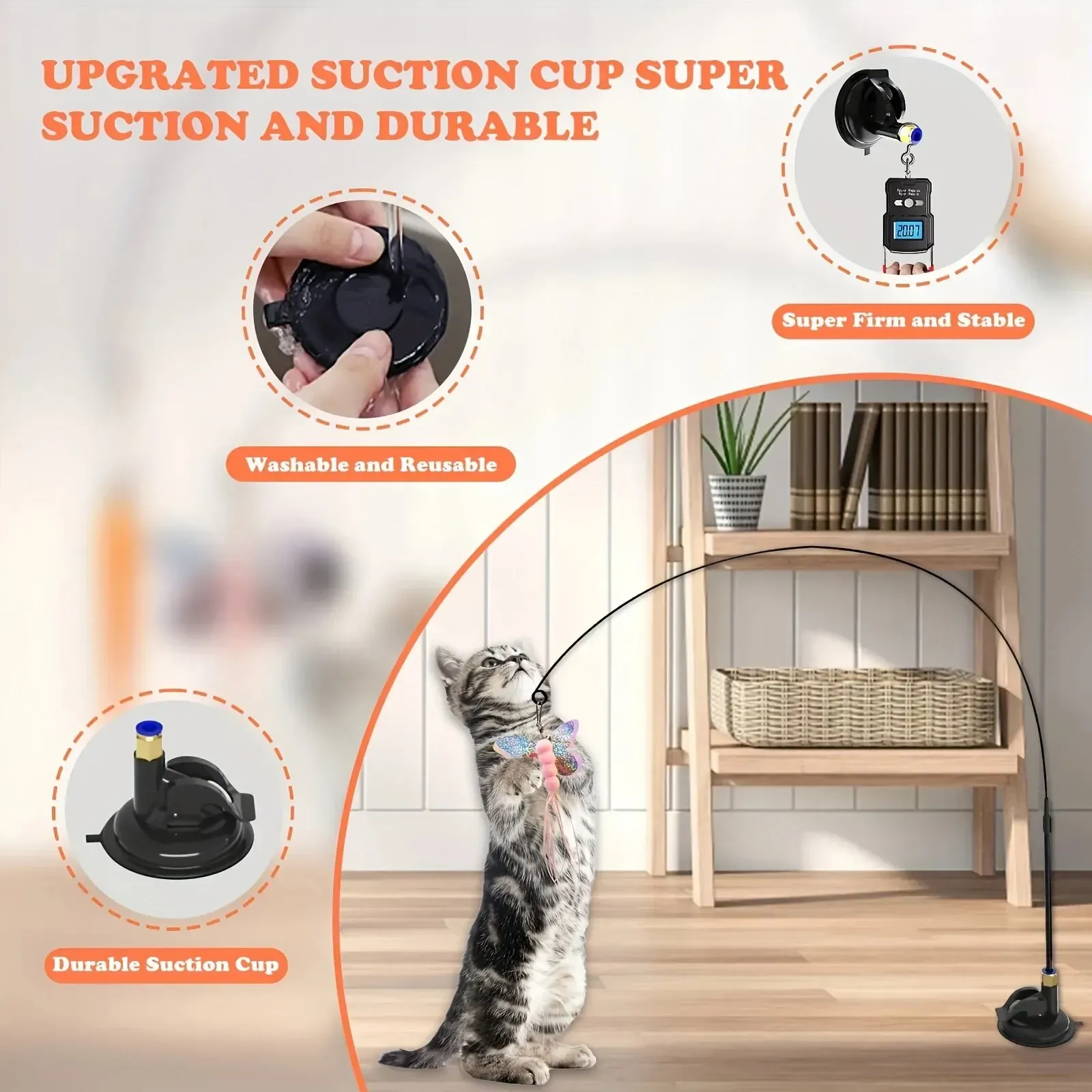 Jouet interactif pour chat à plumes avec clochette sur longue perche à ventouse 4