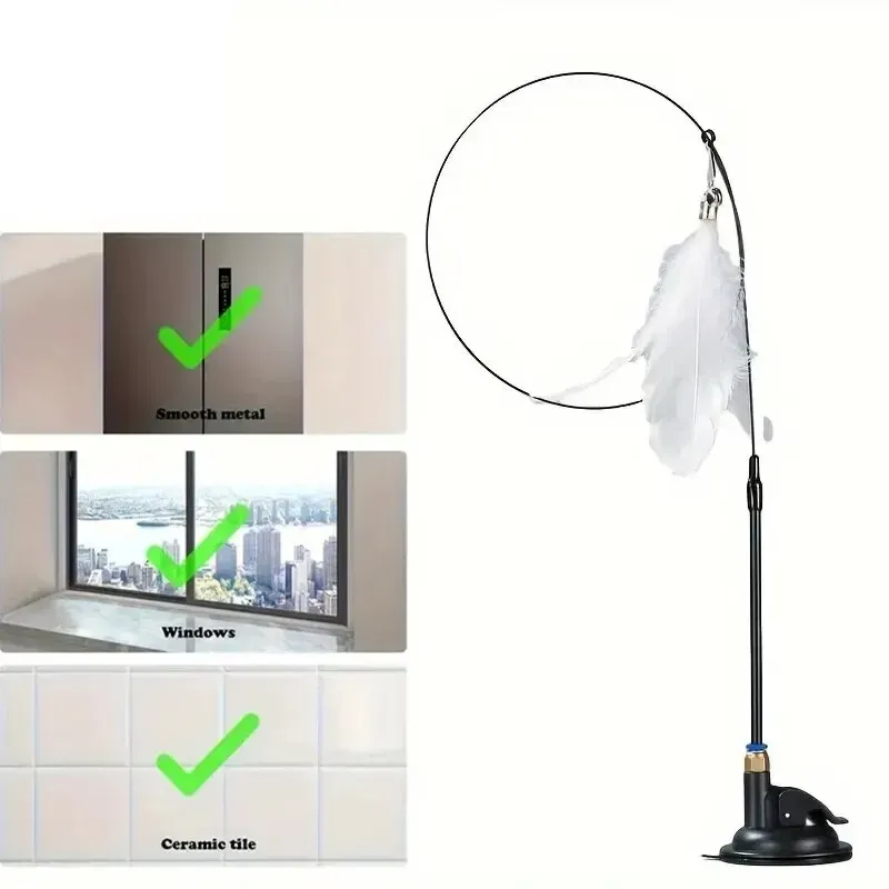 Jouet interactif pour chat à plumes avec clochette sur longue perche à ventouse 11