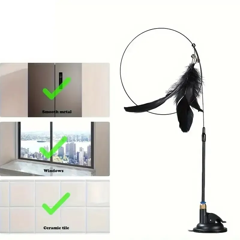 Jouet interactif pour chat à plumes avec clochette sur longue perche à ventouse 7