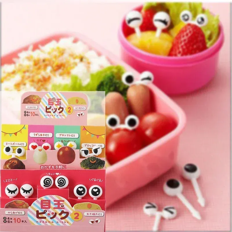 Lot de 10 mini fourchettes décoratives Kawaii aux yeux de dessin animé pour bento, fruits, buffet et sandwiches 3