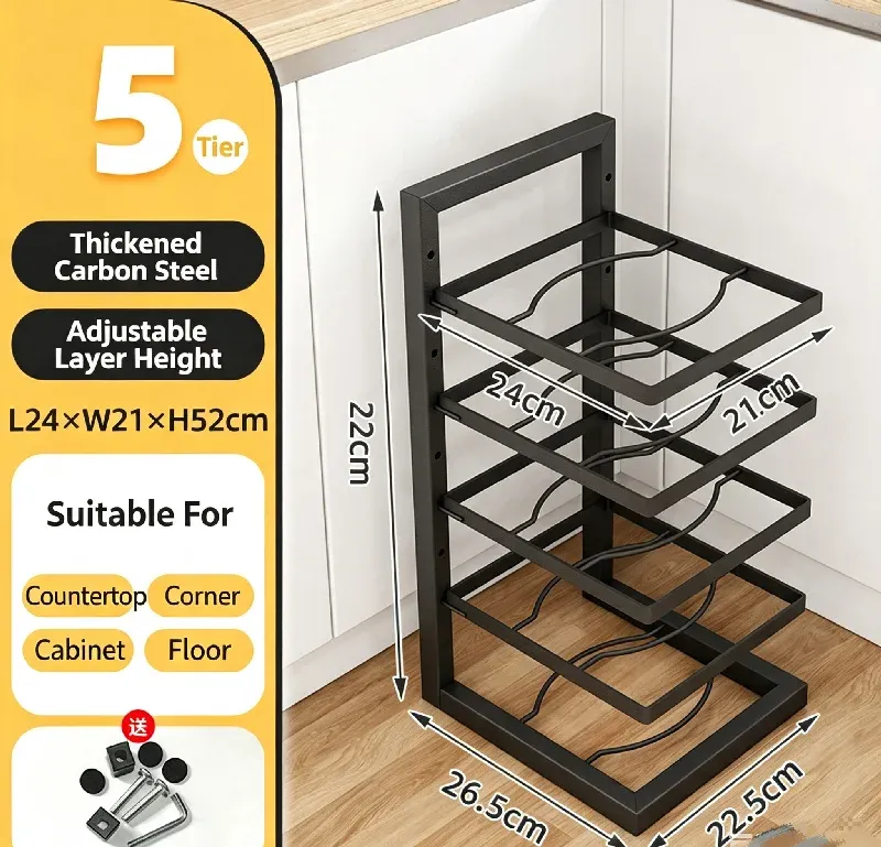 Organisateur réglable pour casseroles et poêles en acier au carbone, étagère multi-niveaux pour armoire de cuisine 5