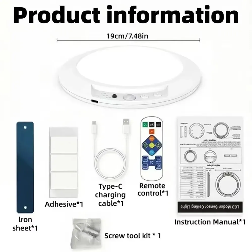 Plafonnier LED sans fil à détecteur de mouvement, rechargeable par USB-C, magnétique, avec télécommande, pour cuisine et vestiaire 6