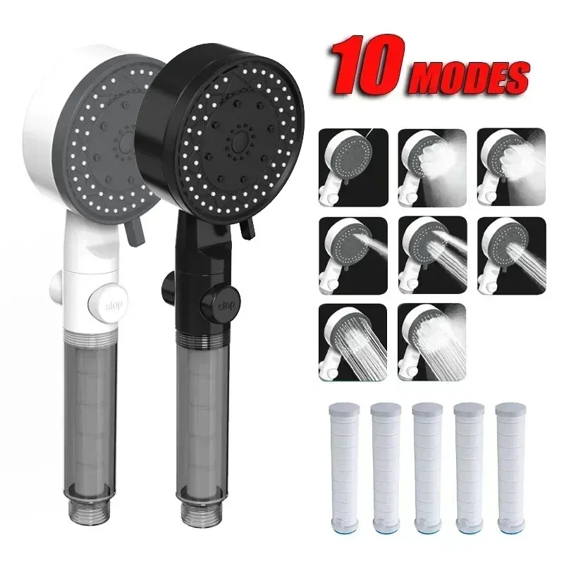 Pommeau de douche filtrant haute pression à 10 modes, avec fonction d'arrêt à une touche et buse portable 4