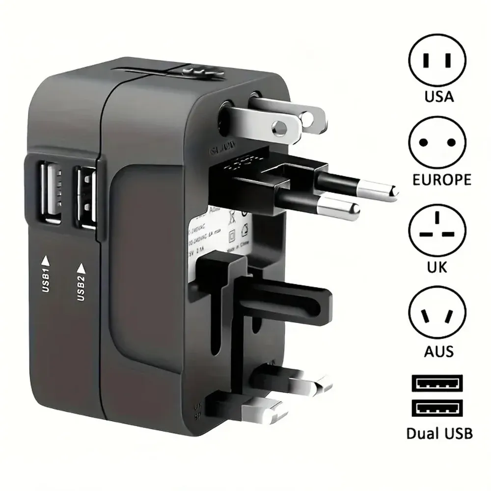 Adaptateur de voyage universel avec deux ports USB, prises EU, US, UK et AU