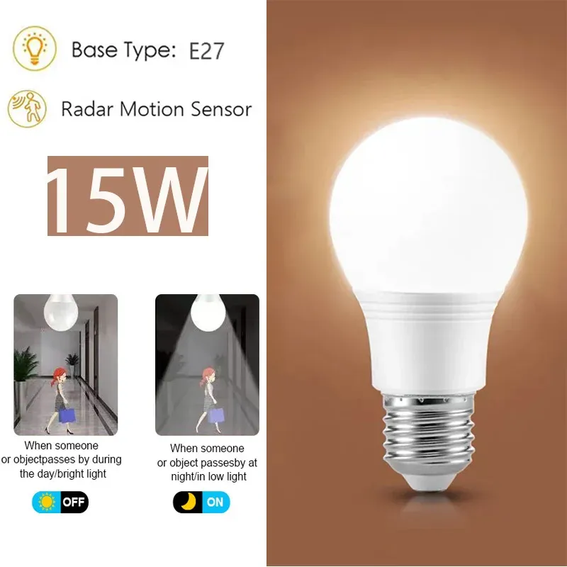 Ampoule LED à capteur de mouvement radar, fonctionnement du crépuscule à l'aube, pour extérieur, sous-sol, porche et cour, 1 pièce 12