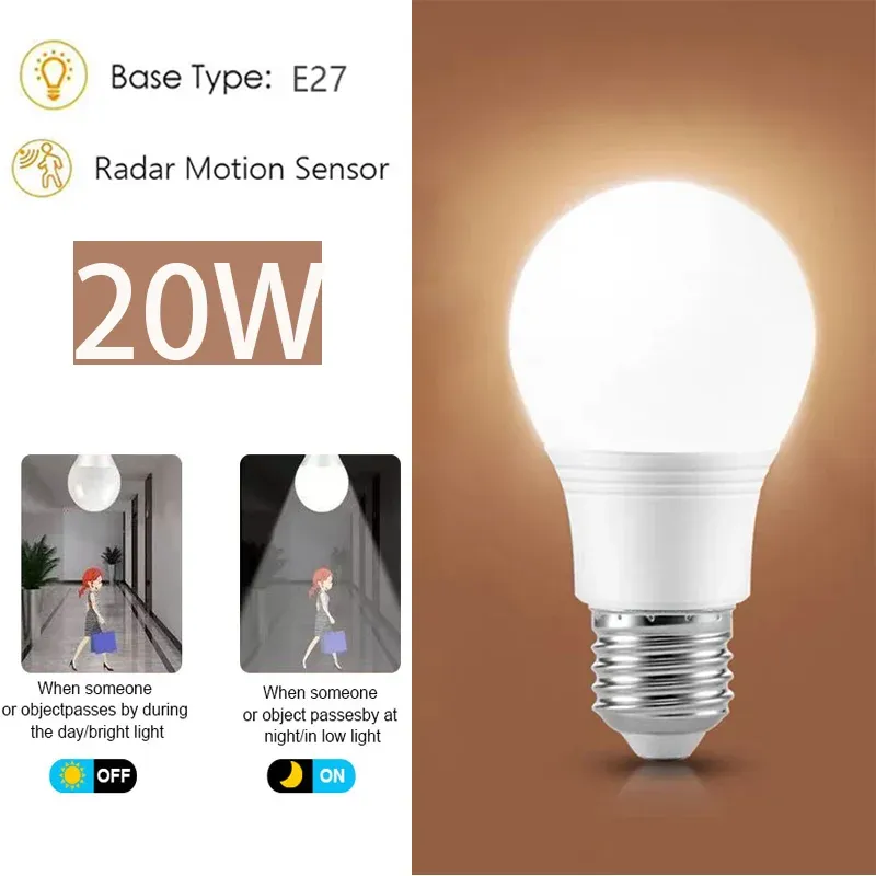 Ampoule LED à capteur de mouvement radar, fonctionnement du crépuscule à l'aube, pour extérieur, sous-sol, porche et cour, 1 pièce 10
