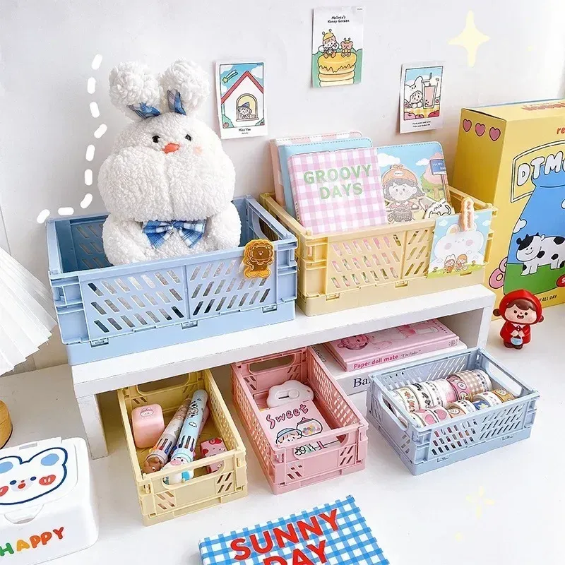 Paniers de rangement pliables en 6 coloris, organisateur de bureau pour étudiants et papeterie 2