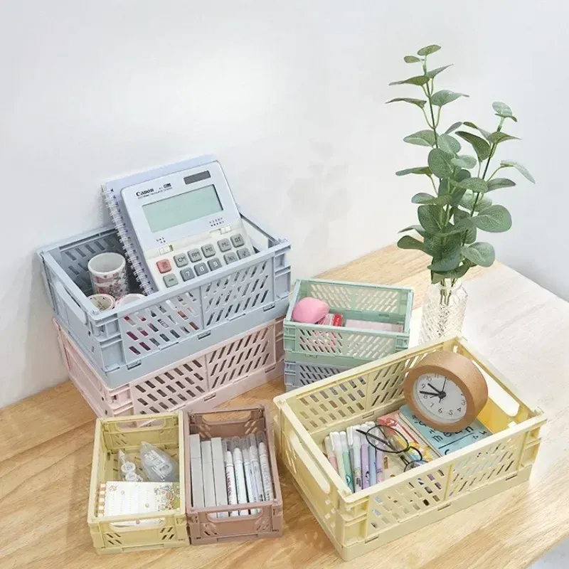 Paniers de rangement pliables en 6 coloris, organisateur de bureau pour étudiants et papeterie 5