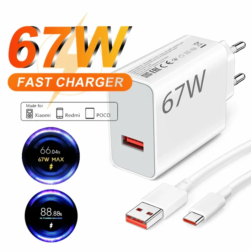 67W 6A Chargeur turbo USB rapide pour Xiaomi 12, 13, 14, 15, 17 Pro, Redmi Note 11, 12, 13, 14 Pro, POCO X5, X6, X7, avec câble de charge rapide USB Type-C