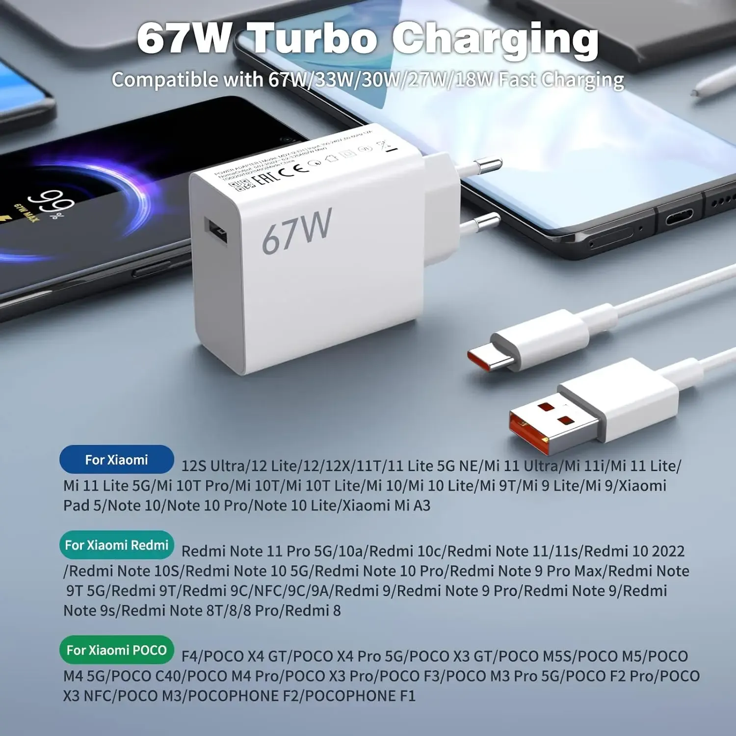 67W 6A Chargeur turbo USB rapide pour Xiaomi 12, 13, 14, 15, 17 Pro, Redmi Note 11, 12, 13, 14 Pro, POCO X5, X6, X7, avec câble de charge rapide USB Type-C 6