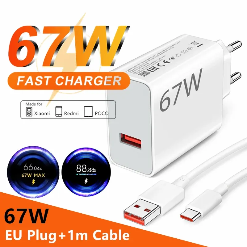 67W 6A Chargeur turbo USB rapide pour Xiaomi 12, 13, 14, 15, 17 Pro, Redmi Note 11, 12, 13, 14 Pro, POCO X5, X6, X7, avec câble de charge rapide USB Type-C 9