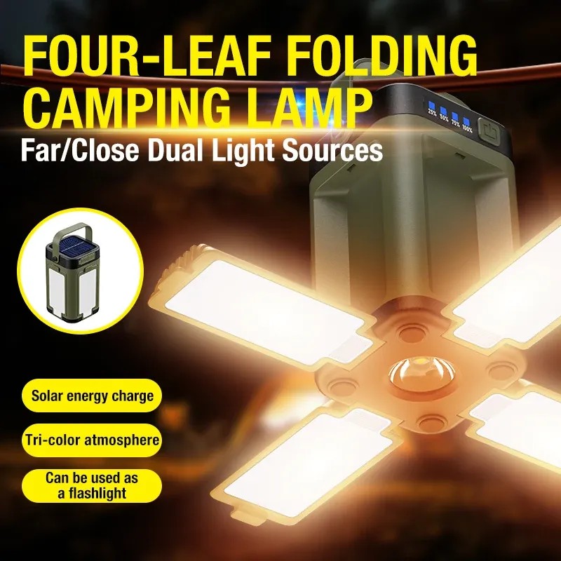 Lampe solaire d'extérieur rechargeable USB-C, lampe torche portable, batterie externe, lampe LED suspendue pour le camping, la randonnée et la pêche