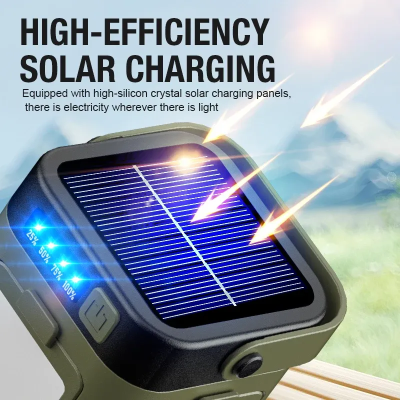Lampe solaire d'extérieur rechargeable USB-C, lampe torche portable, batterie externe, lampe LED suspendue pour le camping, la randonnée et la pêche 5