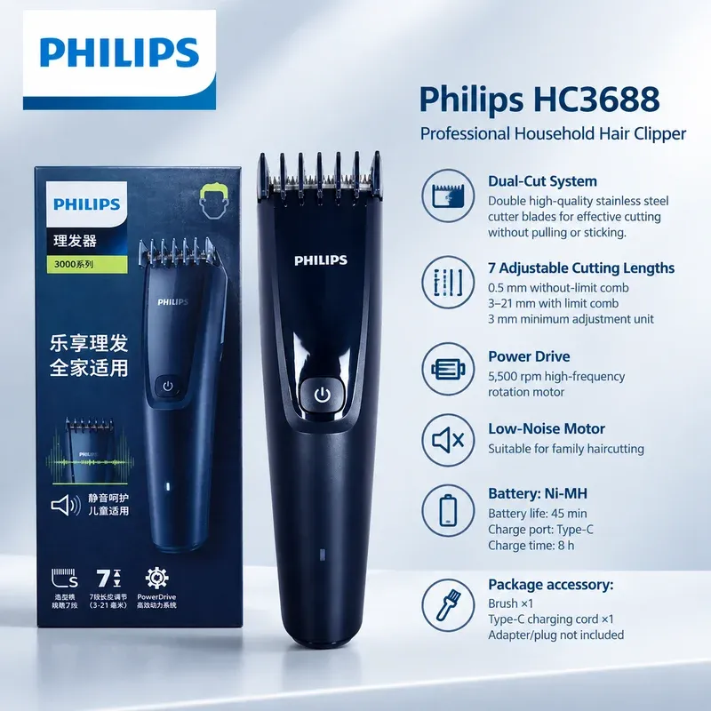 Tondeuse à cheveux Philips HC3688 électrique rechargeable, faible bruit, peignes réglables - Image 1