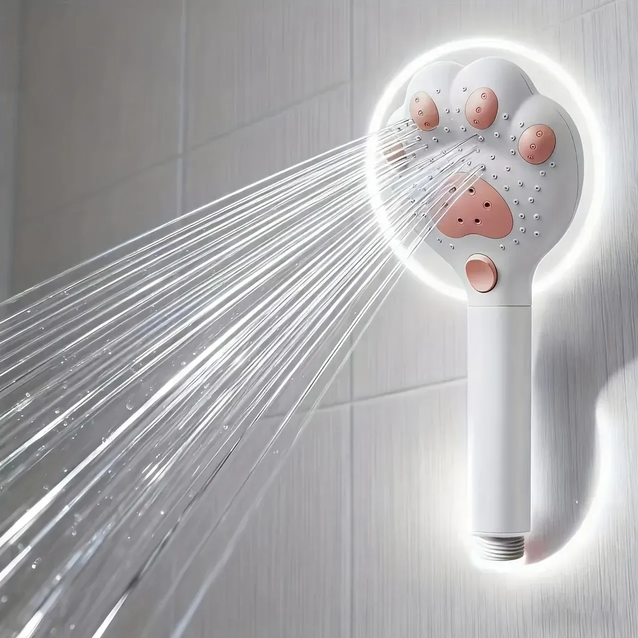 Pommeau de douche patte de chat dans une ambiance de salle de bain