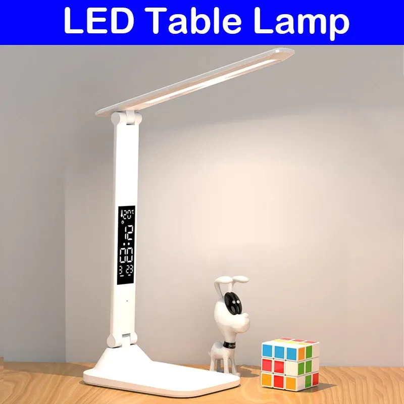 Lampe de bureau LED pliante à port USB, tactile et réglable, avec protection des yeux, réveil et thermomètre - Image 1