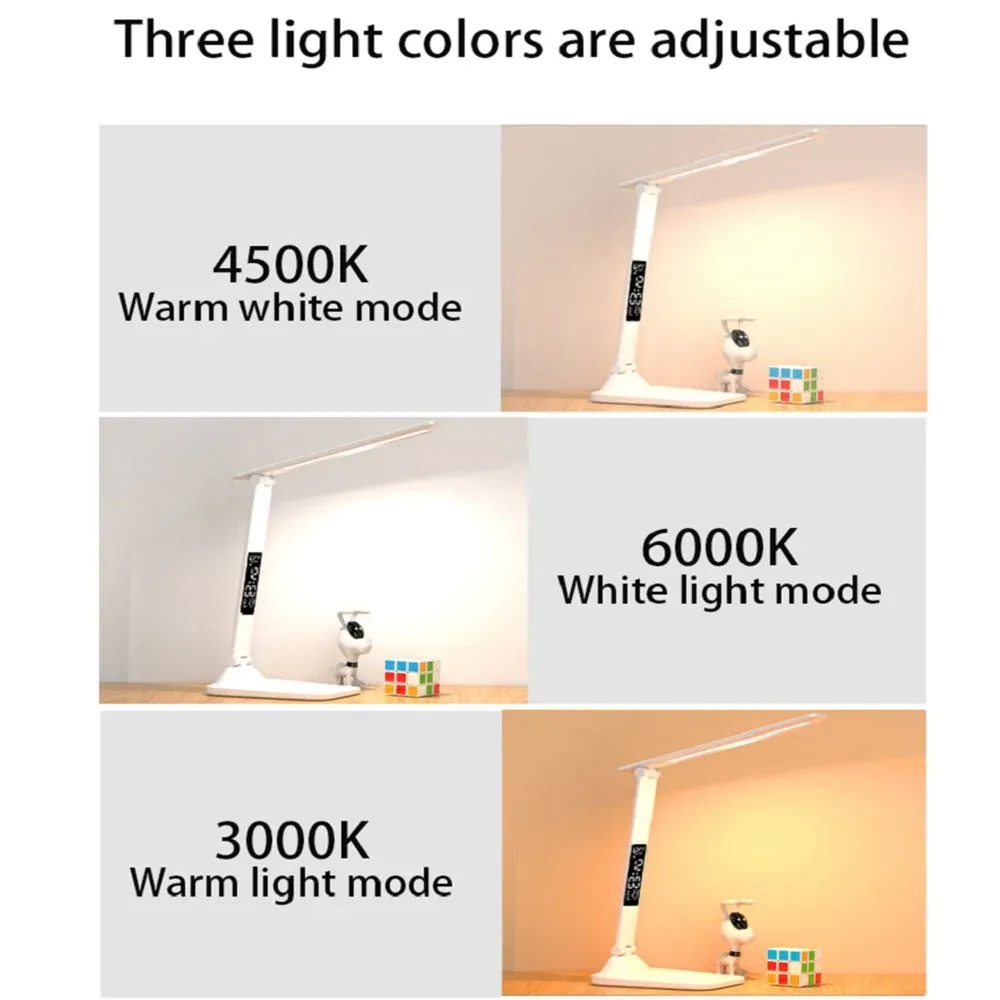 Lampe de bureau LED pliante à port USB, tactile et réglable, avec protection des yeux, réveil et thermomètre 4