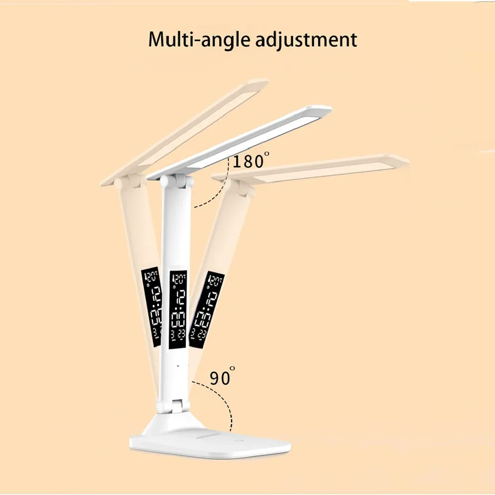 Lampe de bureau LED pliante à port USB, tactile et réglable, avec protection des yeux, réveil et thermomètre 5