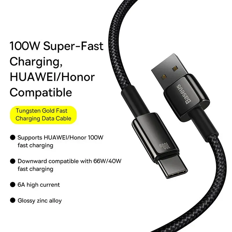 Câble USB-C Baseus 100 W à charge rapide, compatible Samsung, Huawei, Realme, OnePlus et Poco 2