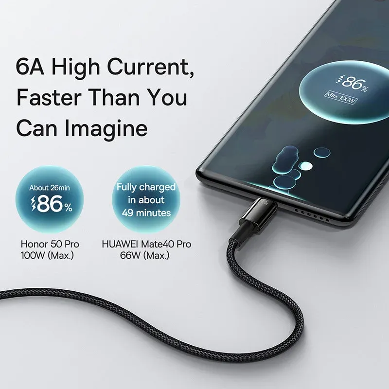 Câble USB-C Baseus 100 W à charge rapide, compatible Samsung, Huawei, Realme, OnePlus et Poco 6