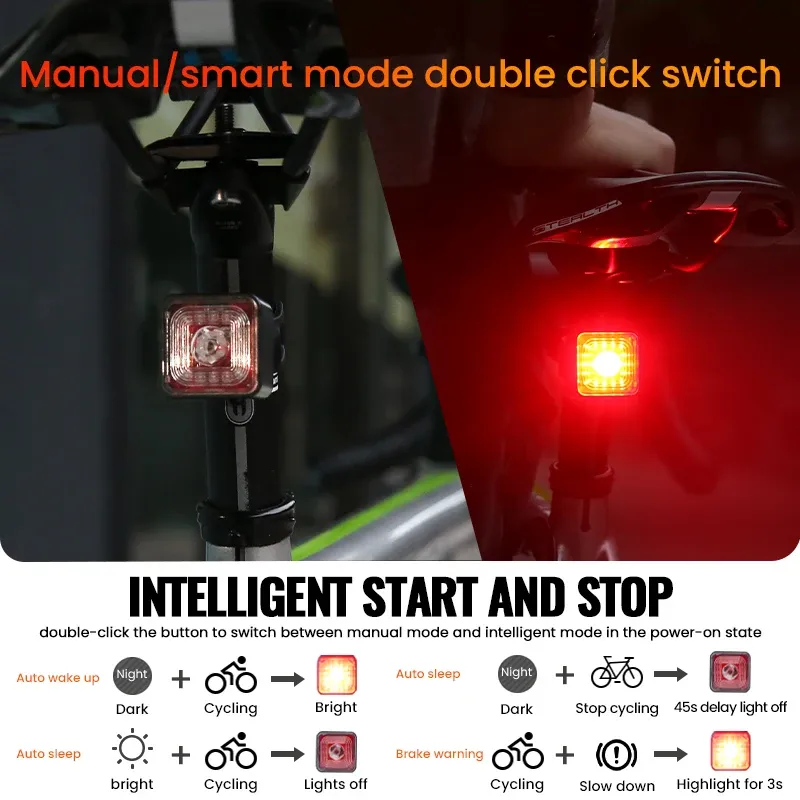 Feu arrière intelligent à détection de freinage pour vélo, ensemble avant et arrière, étanche IP66, lampe de sécurité USB pour le cyclisme nocturne, 120 lm 4