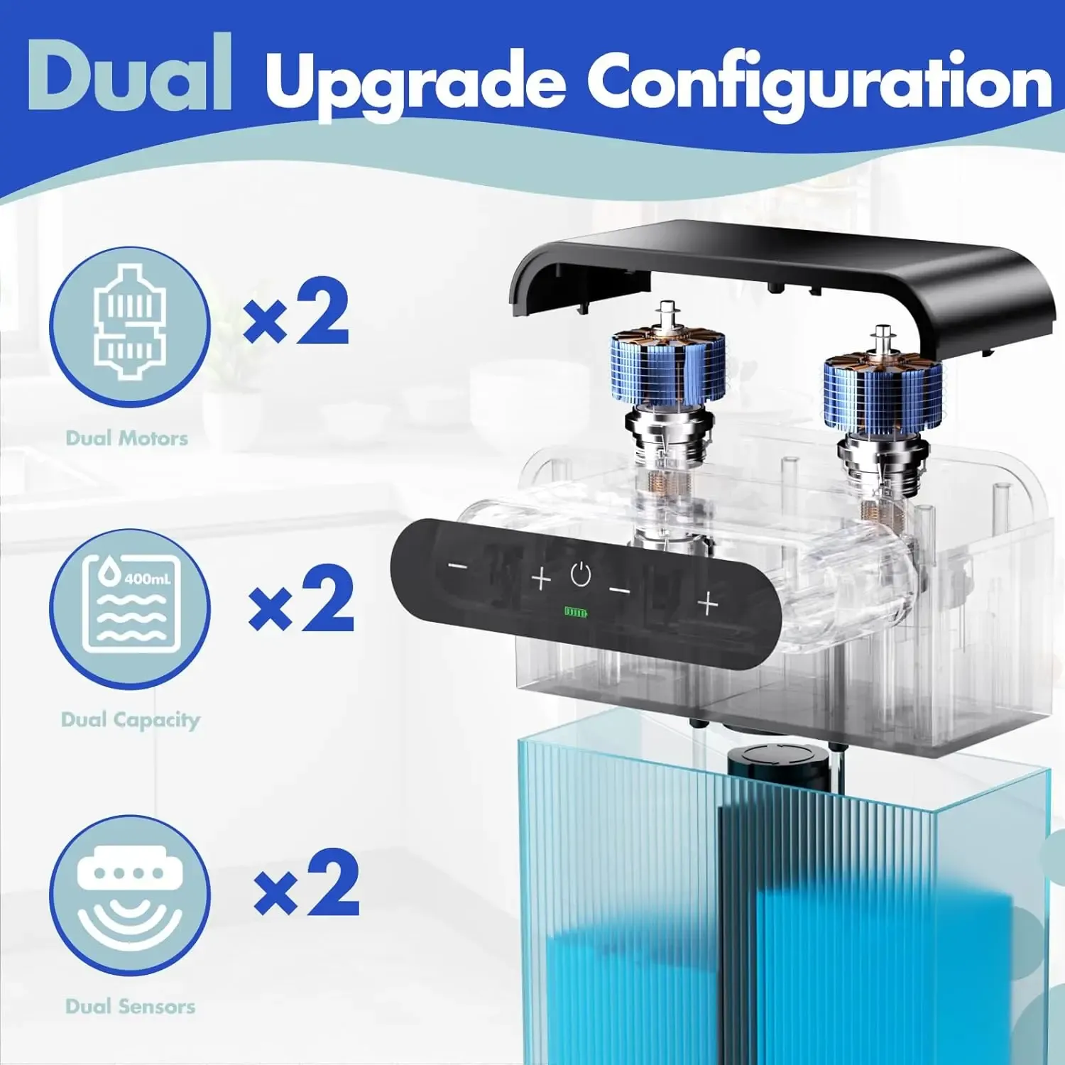 Distributeur automatique de savon moussant 400 ml + 400 ml, rechargeable par USB, double tête, sans contact, montable au mur pour plusieurs usages 4
