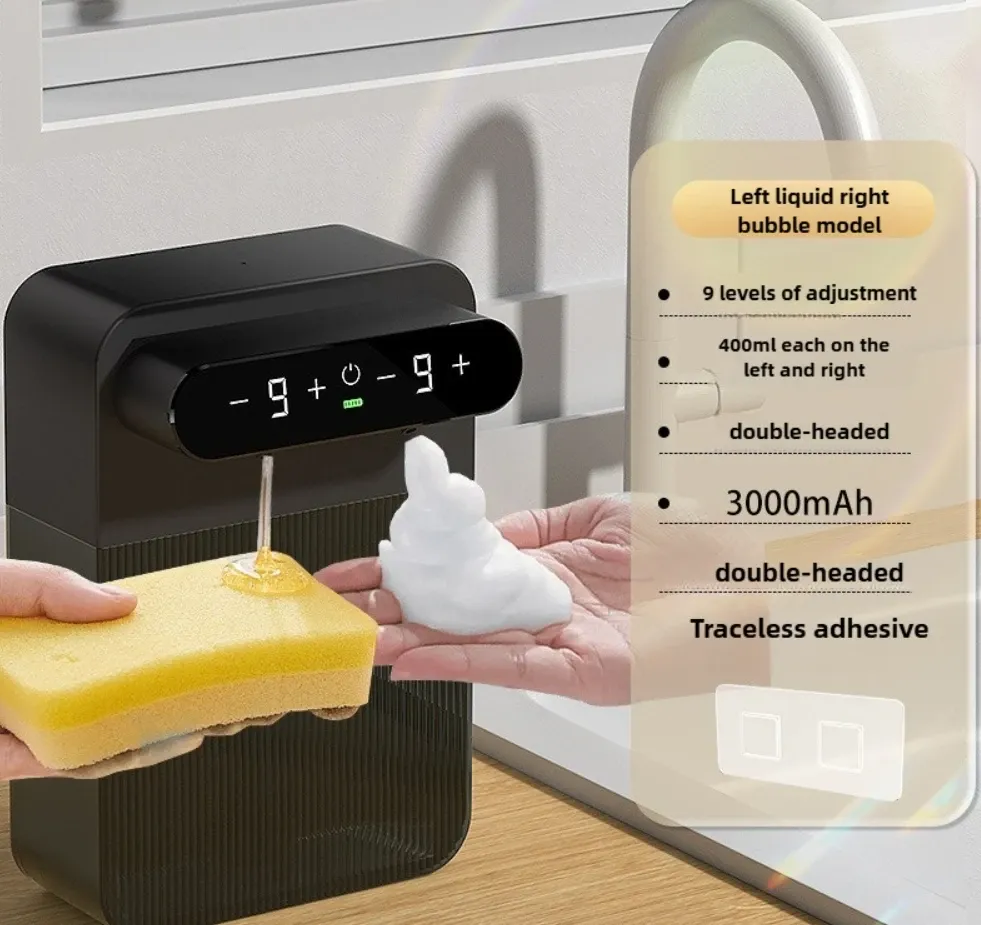 Distributeur automatique de savon moussant 400 ml + 400 ml, rechargeable par USB, double tête, sans contact, montable au mur pour plusieurs usages 7