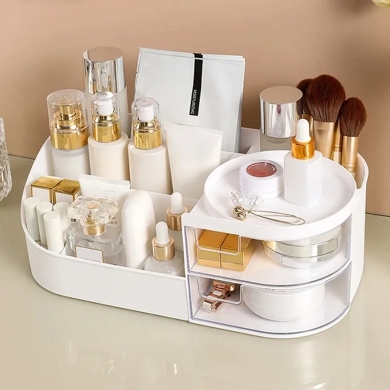 Organisateur de maquillage avec miroir, coiffeuse de bureau et rangement pour cosmétiques et bijoux, avec éclairage tactile 3