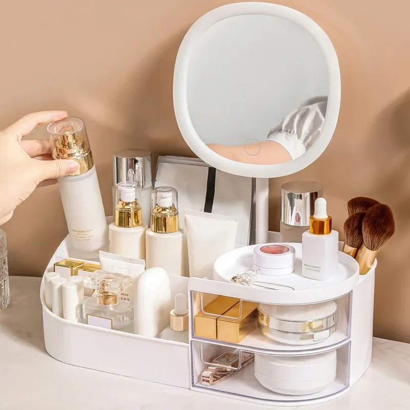 Organisateur de maquillage avec miroir, coiffeuse de bureau et rangement pour cosmétiques et bijoux, avec éclairage tactile 2