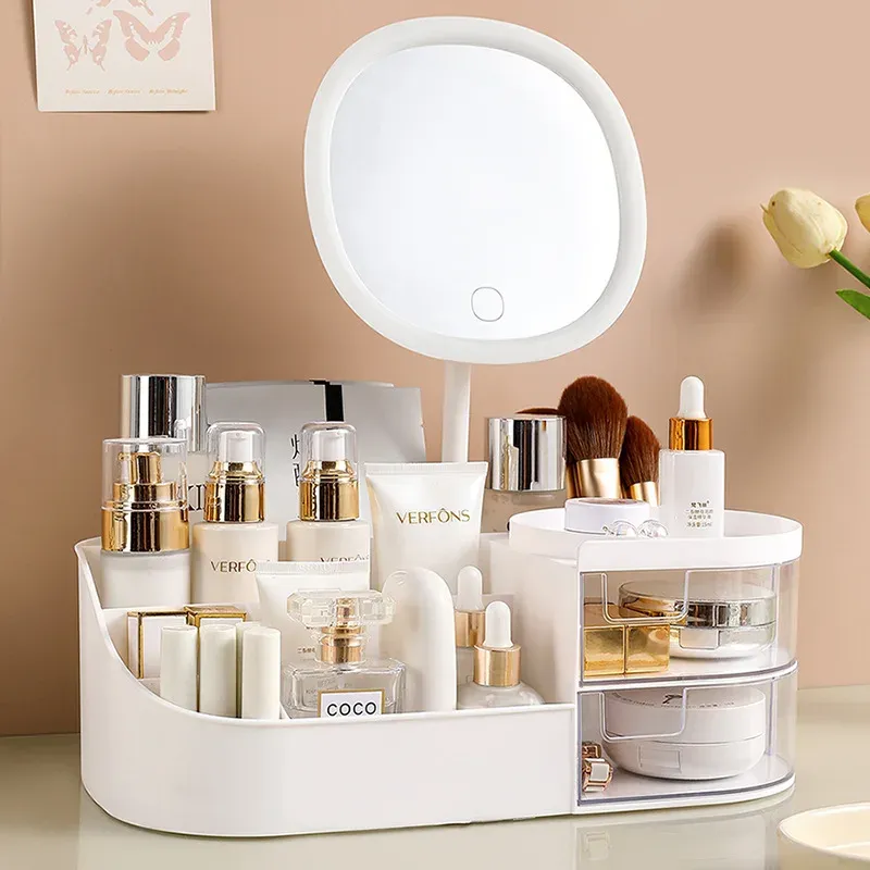 Organisateur de maquillage avec miroir, coiffeuse de bureau et rangement pour cosmétiques et bijoux, avec éclairage tactile 4