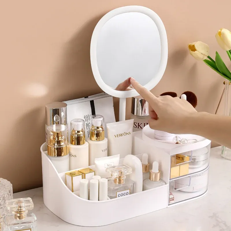 Organisateur de maquillage avec miroir, coiffeuse de bureau et rangement pour cosmétiques et bijoux, avec éclairage tactile 5