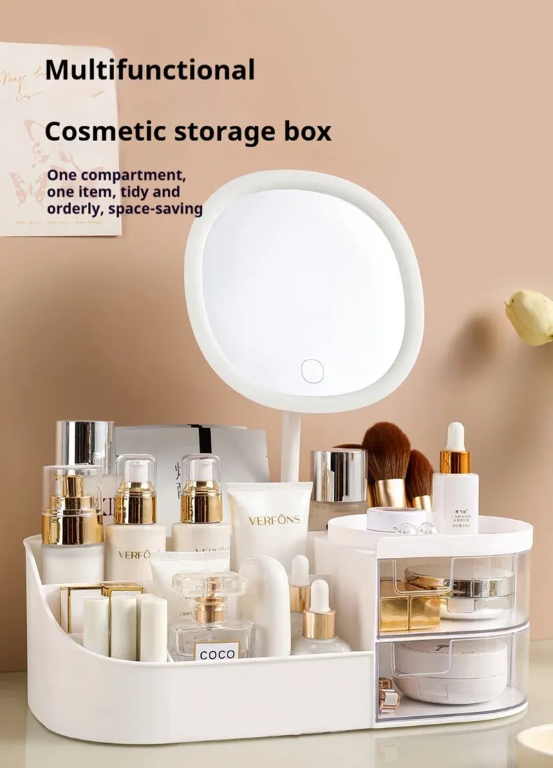 Boîte de rangement de maquillage avec miroir et éclairage tactile
