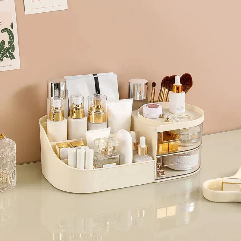 Organisateur de maquillage avec miroir, coiffeuse de bureau et rangement pour cosmétiques et bijoux, avec éclairage tactile 10