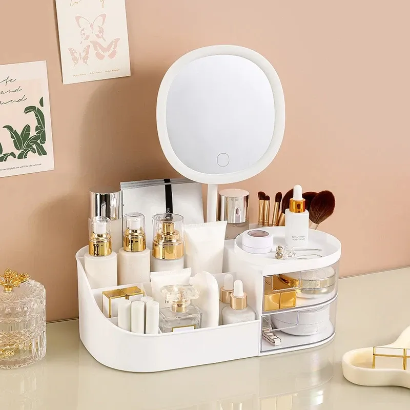 Organisateur de maquillage avec miroir, coiffeuse de bureau et rangement pour cosmétiques et bijoux, avec éclairage tactile 9