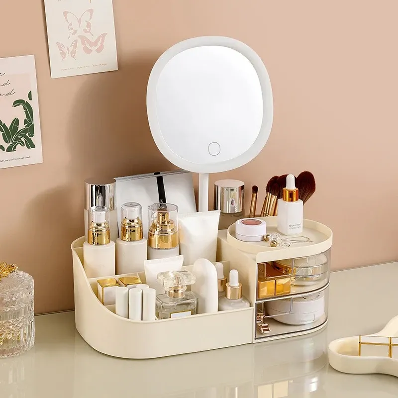 Organisateur de maquillage avec miroir, coiffeuse de bureau et rangement pour cosmétiques et bijoux, avec éclairage tactile 7