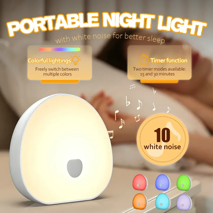 Veilleuse à bruit blanc avec 7 lumières d'ambiance colorées et 10 sons apaisants - Image 1