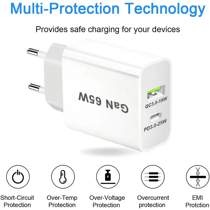 Adaptateur secteur USB-C 65 W à 2 ports, chargeur mural rapide GaN avec Power Delivery 3.0, compatible iPhone 13 5