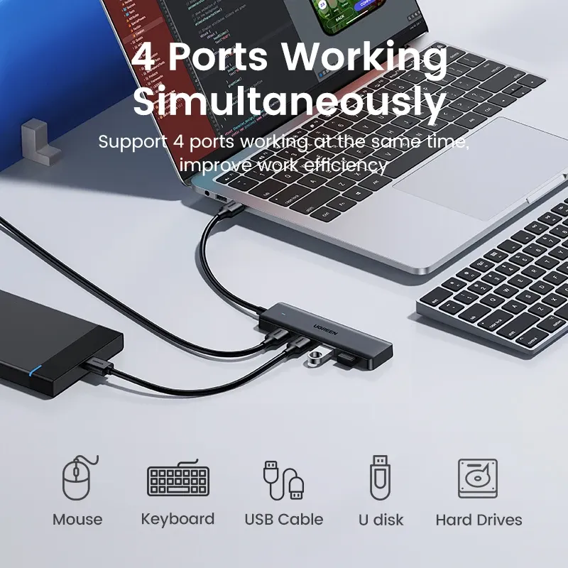 UGREEN Hub USB 3.0 4 ports, Hub USB-C fin pour souris, clavier, compatible MacBook Pro/Air, ordinateur portable, ordinateur de bureau, Xbox, PS5, séparateur 3