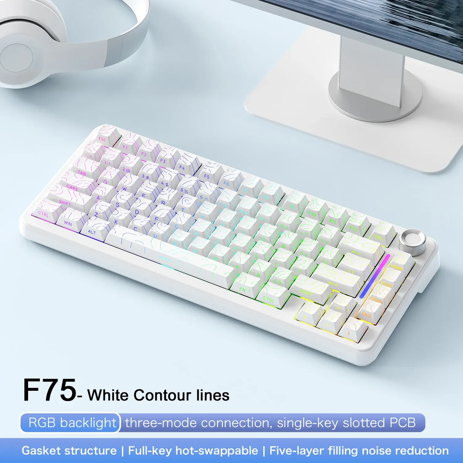 Clavier de jeu sans fil FREEWOL F75 RGB, 75 %, à remplacement à chaud, mécanique, touches métalliques, AULA F75, même modèle, tri-mode, 4000 mAh 3