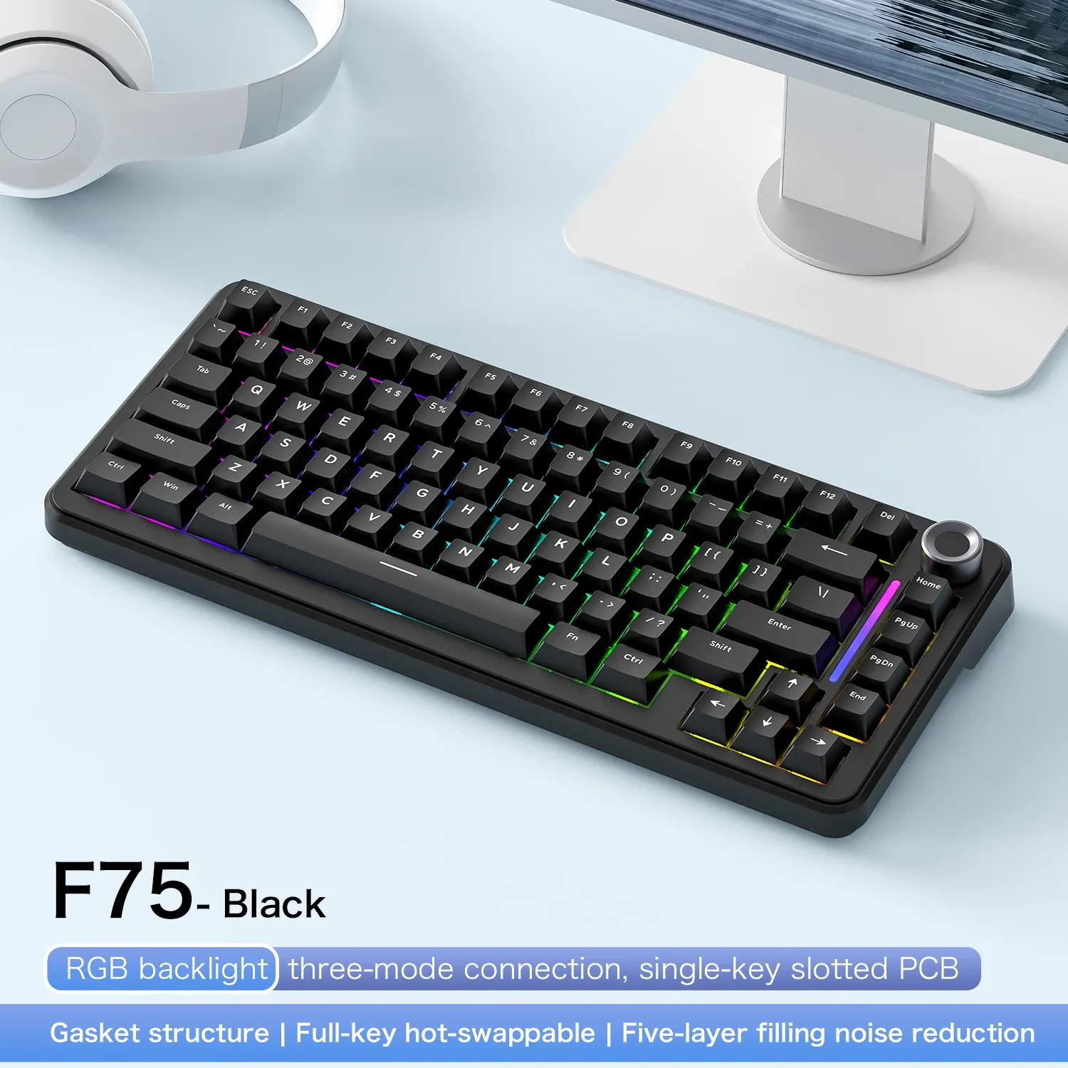 Clavier de jeu sans fil FREEWOL F75 RGB, 75 %, à remplacement à chaud, mécanique, touches métalliques, AULA F75, même modèle, tri-mode, 4000 mAh 2