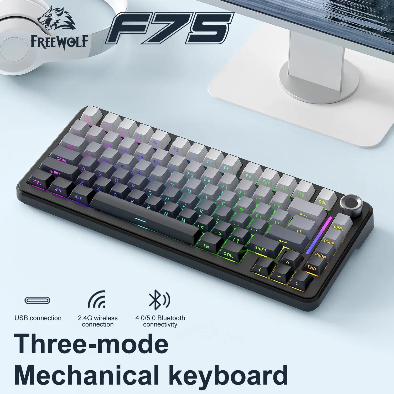 Clavier de jeu sans fil FREEWOL F75 RGB, 75 %, à remplacement à chaud, mécanique, touches métalliques, AULA F75, même modèle, tri-mode, 4000 mAh 4