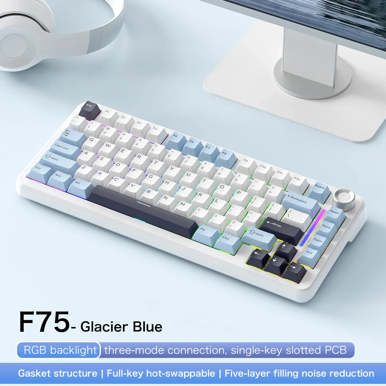 Clavier de jeu sans fil FREEWOL F75 RGB, 75 %, à remplacement à chaud, mécanique, touches métalliques, AULA F75, même modèle, tri-mode, 4000 mAh 8