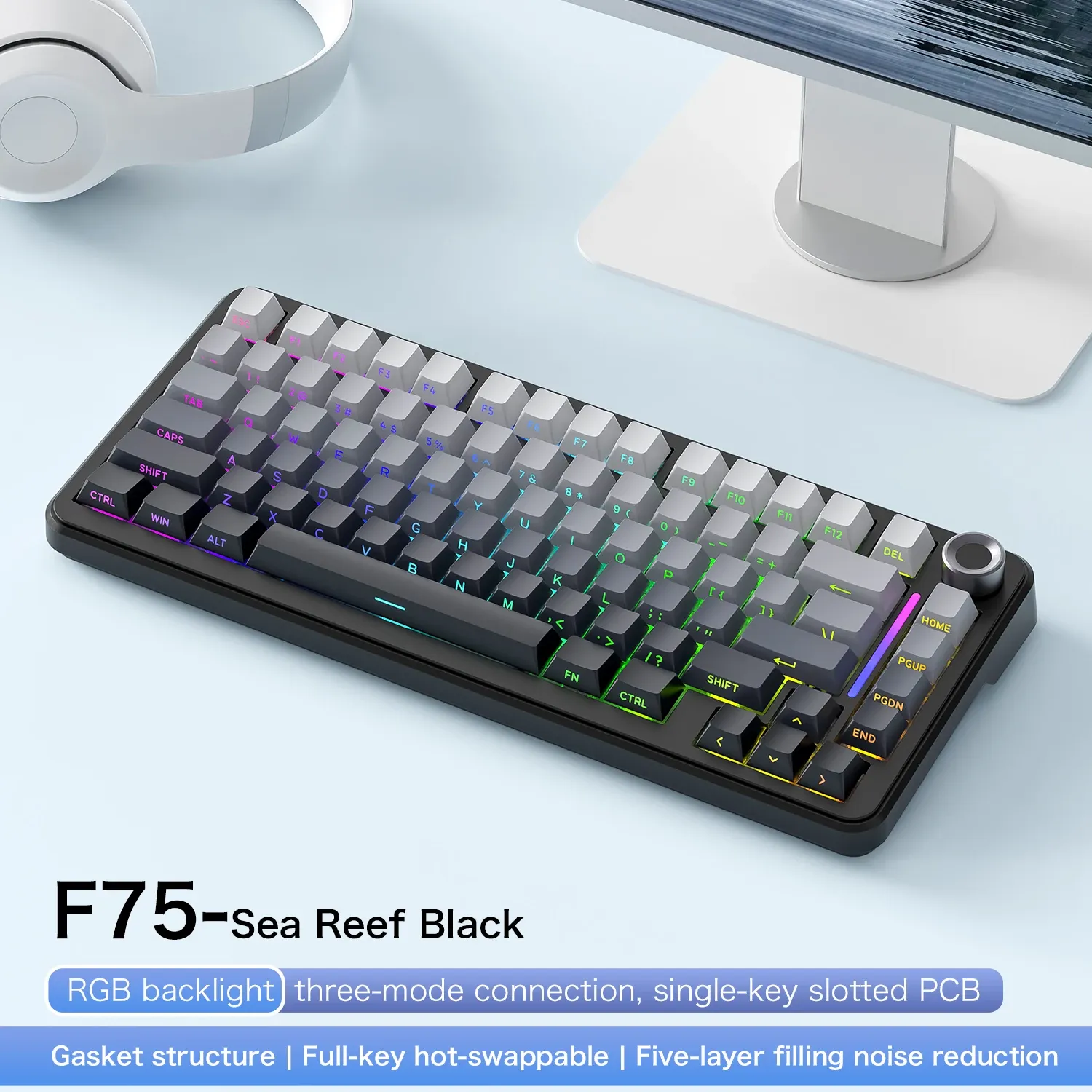 Clavier de jeu sans fil FREEWOL F75 RGB, 75 %, à remplacement à chaud, mécanique, touches métalliques, AULA F75, même modèle, tri-mode, 4000 mAh 7