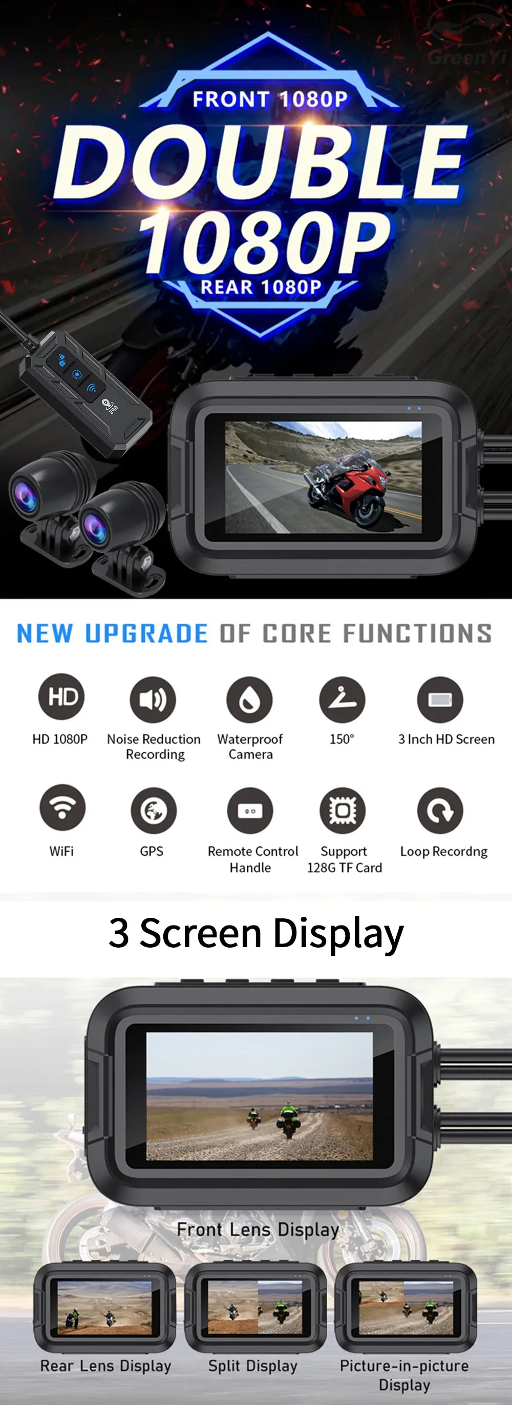 Vue d'ensemble de la dashcam moto Full HD