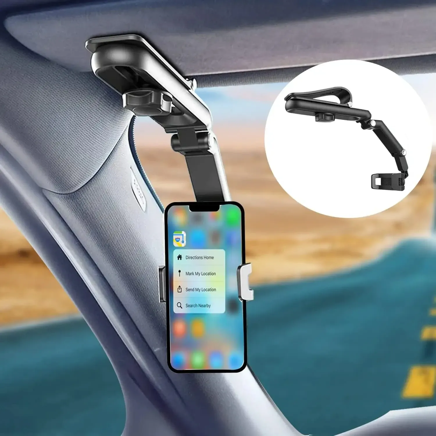 Support de téléphone pour pare-soleil de voiture multifonction à rotation 360° compatible iPhone, Samsung et Android