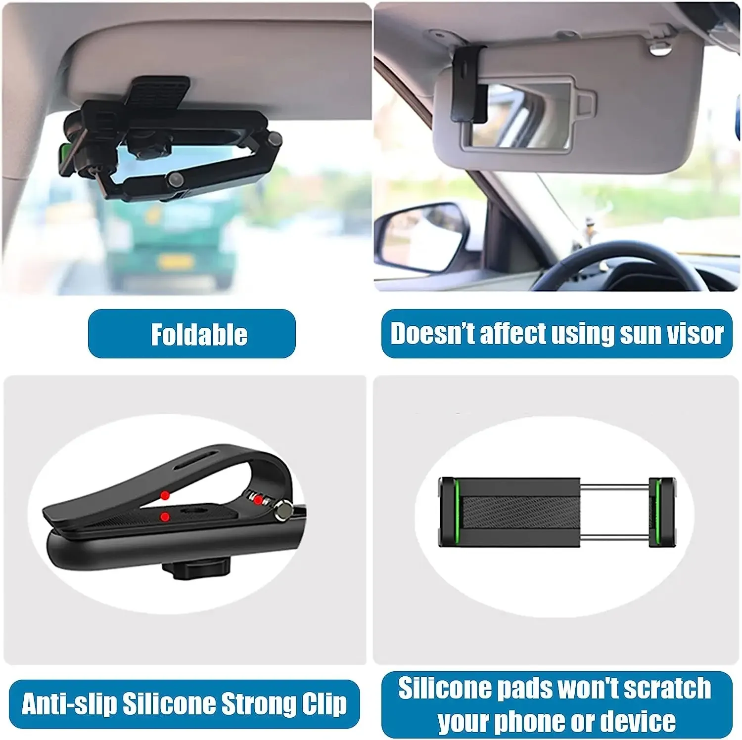 Support de téléphone pour pare-soleil de voiture multifonction à rotation 360° compatible iPhone, Samsung et Android 4