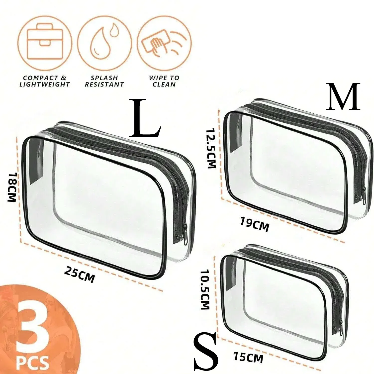 Trousse de toilette transparente en PVC avec fermeture éclair, compatible bagage cabine 7