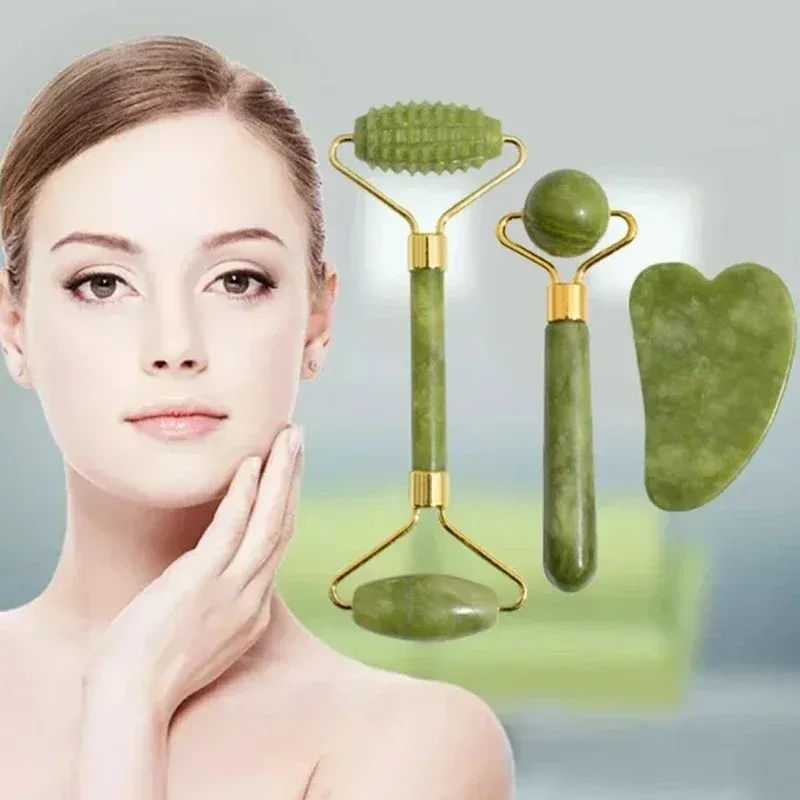 Rouleau de jade naturel pour le visage et le cou, en pierre naturelle, avec pierre Gua Sha 2